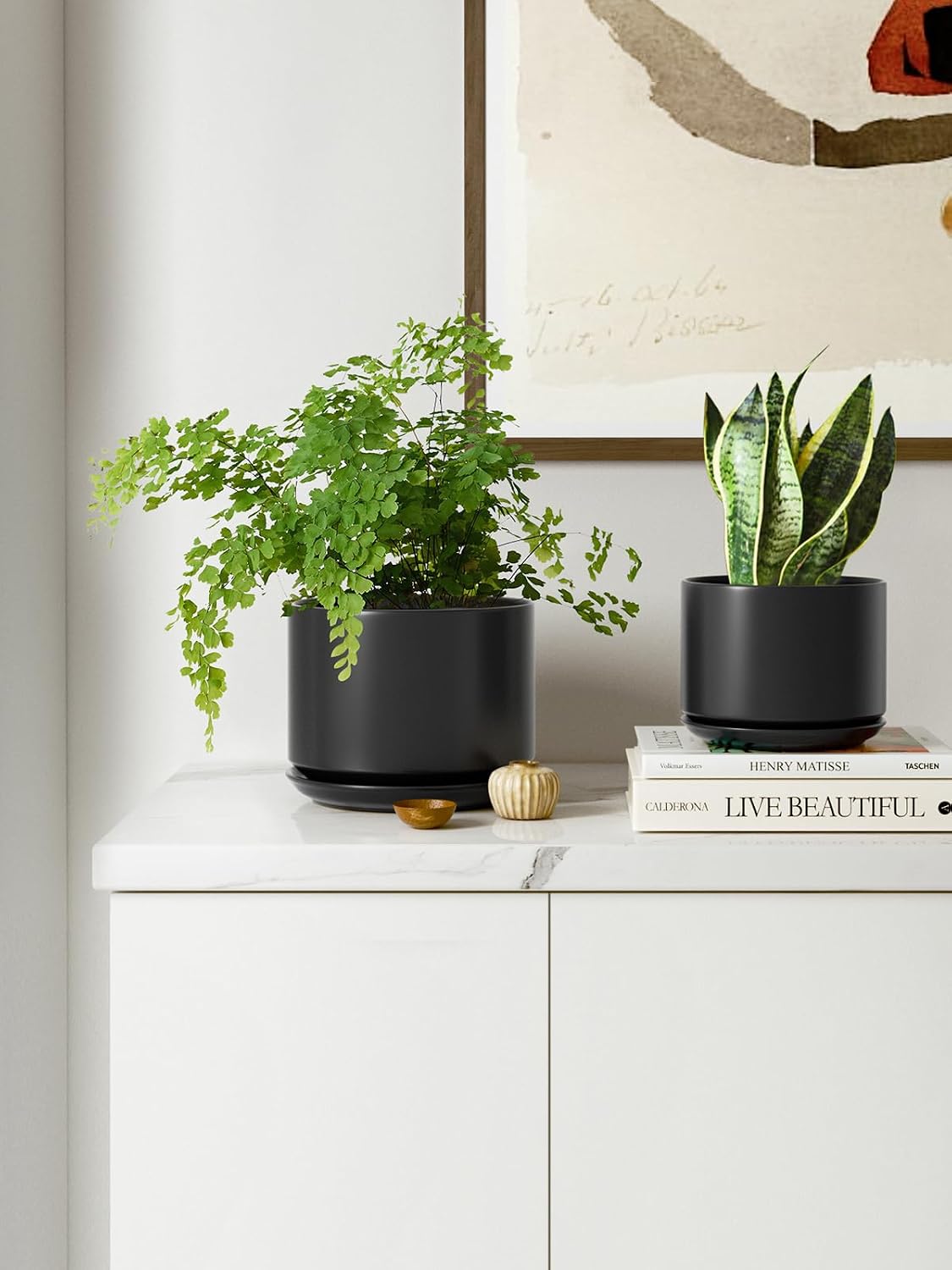 LE TAUCI Ceramic Pots for Plants, 6.8 Inch Plant Pots with Drainage Hole & Saucer, Modern Planter for Indoor Plants, Stable & Durable, Perfect for Living Room or Office Decor, White
