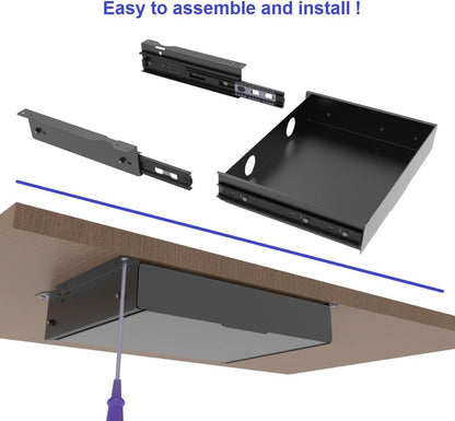 Under Desk Mounted Slide out Drawer, W 13.4" x D 9.3" Storage Organizer with Cable Management，Pull Out Add-On Storage for Office & Standing Desks with High Crossbar, Metal, Black (Medium)