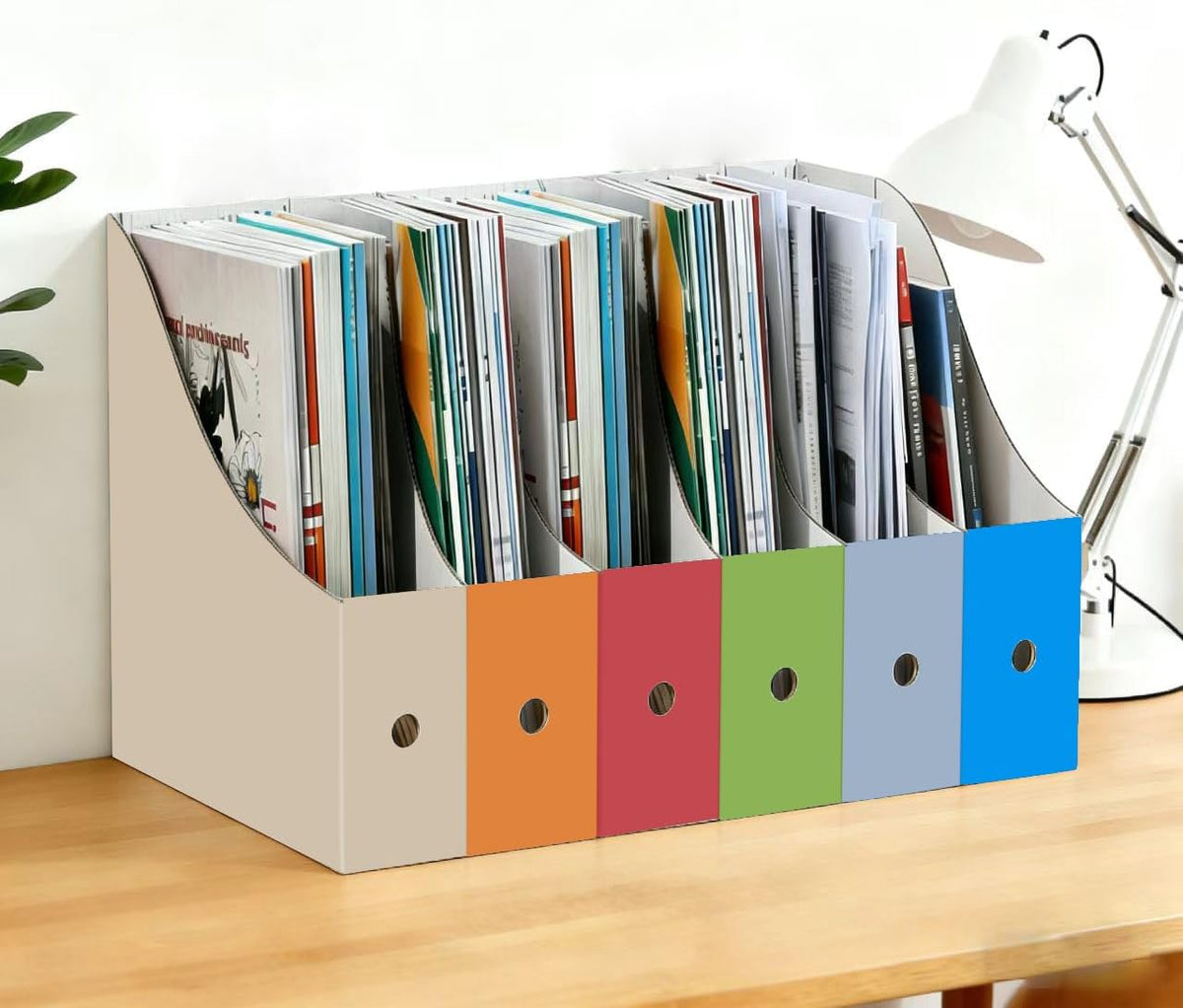 Limitliho Magazine File Folder Holder for Desk, Book Bins for Classroom Library,Office,Home, 10.6" H x 10.2" L x 3.5" W in Cardboard Paper Organizer (Six color, 6 Pack)