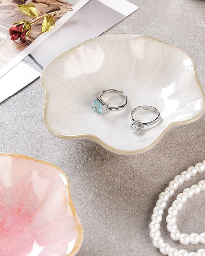 Ring Dish, Kiln Glaze Jewelry Trinket Tray, Gifts for Women I Lotus Leaf Necklace Earrings Holder on Nightstand Bathroom, Ceramic Cute Key Bowl, White. All Jewelries Are NOT Included.