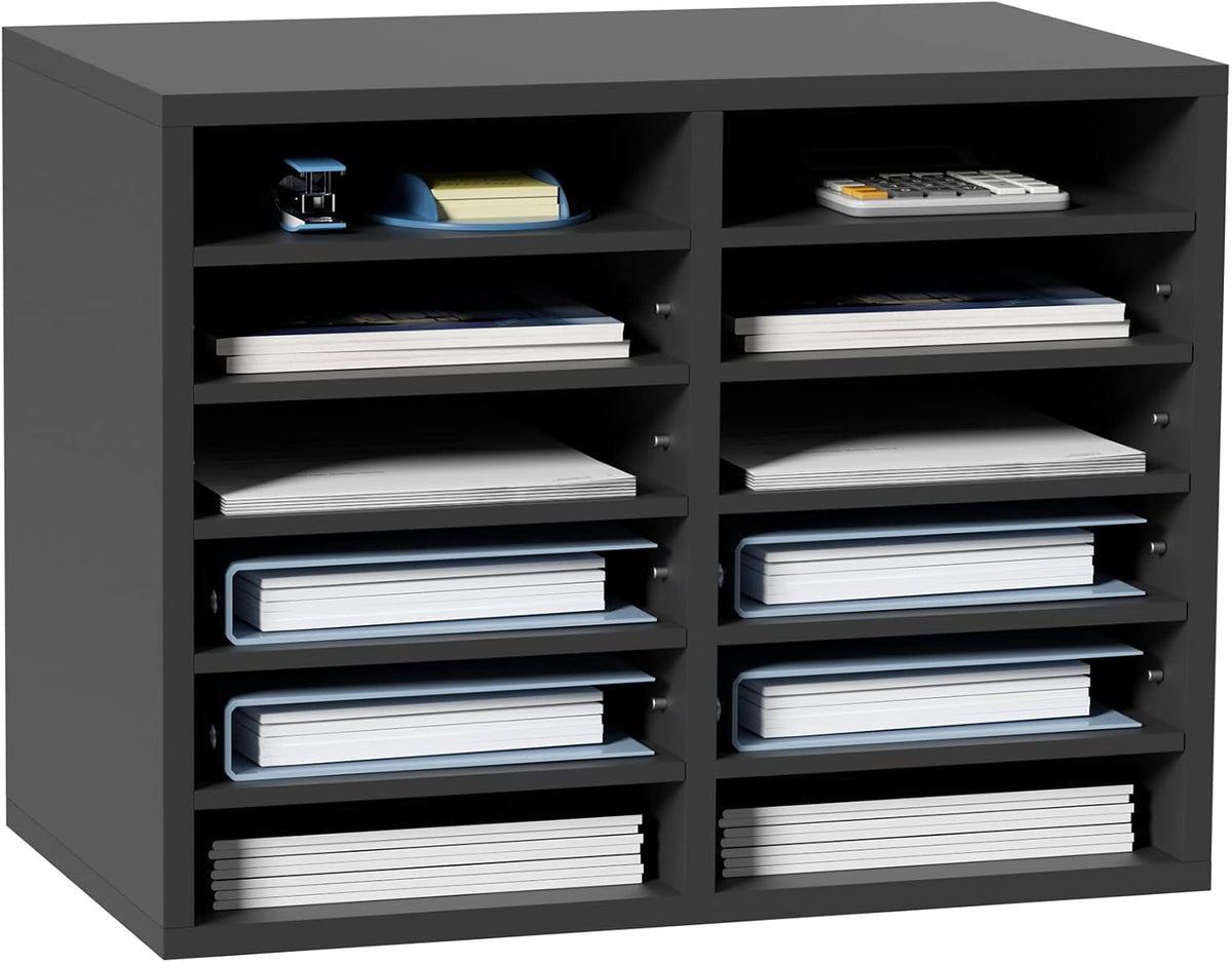 VEVOR Literature Organizers, 12 Compartments Office Mailbox with Adjustable Shelves, Wood Literature Sorter 20.4x12x16.1 inches for Office, Home, Classroom, Mailrooms Organization, EPA Certified White