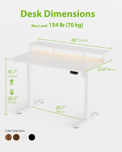 48 * 24 Inch Electric Standing Desk with Shelf & Led, Dark Walnut