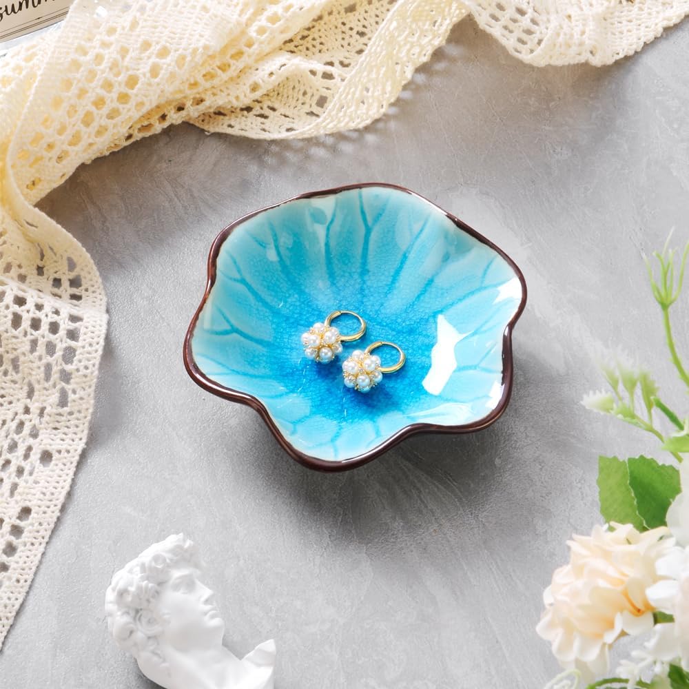 Ring Dish, Kiln Glaze Jewelry Trinket Tray, Gifts for Women I Lotus Leaf Necklace Earrings Holder on Nightstand Bathroom, Ceramic Cute Key Bowl, White. All Jewelries Are NOT Included.