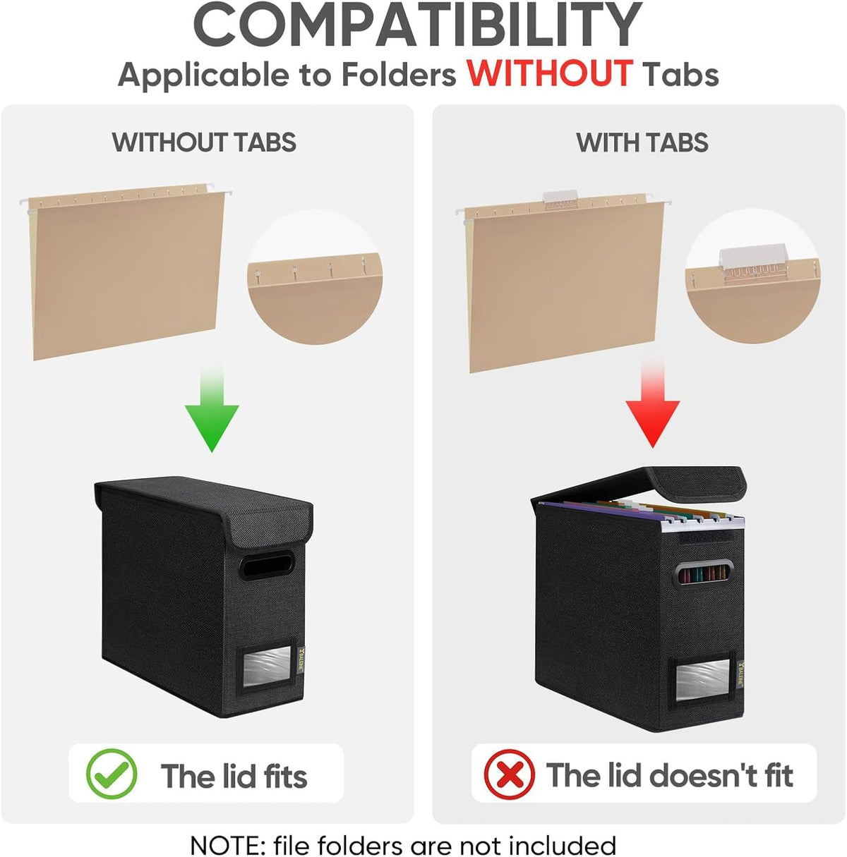 BALEINE File Organizer Box with Lid, Collapsible File Folder Organizer with Plastic Slide, Hanging File Folder Box for Office Document Storage (Black)