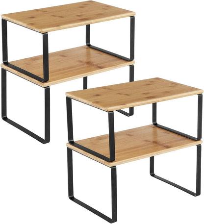 SONGMICS Cabinet Organizer Shelf, Set of 4 Kitchen Counter Shelves, Kitchen Storage, Spice Rack, Stackable, Expandable, Metal and Engineered Wood, Cloud White and Natural Beige UKCS010N01