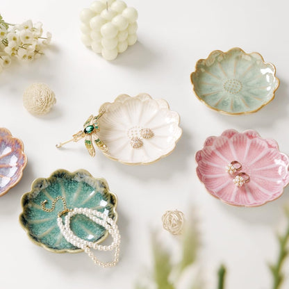 Ring Dish, Kiln Glaze Jewelry Trinket Tray, Gifts for Women I Lotus Leaf Necklace Earrings Holder on Nightstand Bathroom, Ceramic Cute Key Bowl, White. All Jewelries Are NOT Included.