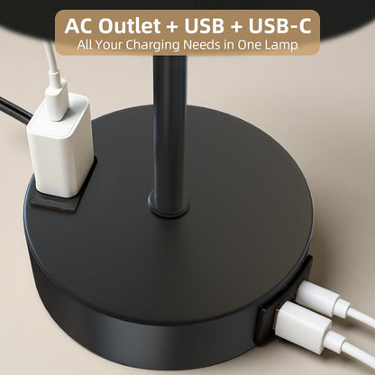 Table Lamp for Nightstand, High-Sensitivity Touch, 3-Level Dimmable Bedside Lamp with AC Outlet | USB | and USB-C, Ideal Night Stand Lamp for Bedroom, Reading, Living Room(Warm&Wooden)