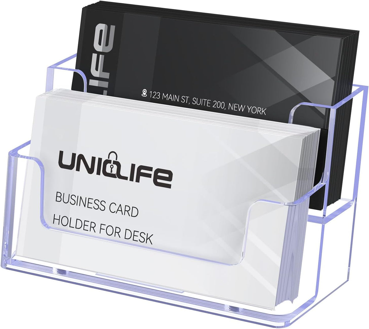 Uniclife Acrylic Business Card Holder for Desk 1 Slot Clear Business Card Display Stand for Men & Women Desktop Business Card Organizer Card Stand for Office Home Exhibition, 60 Card Capacity