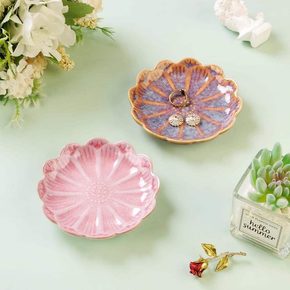 Ring Dish, Kiln Glaze Jewelry Trinket Tray, Gifts for Women I Lotus Leaf Necklace Earrings Holder on Nightstand Bathroom, Ceramic Cute Key Bowl, White. All Jewelries Are NOT Included.