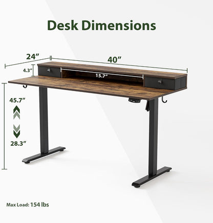 48 * 24 Inch Electric Standing Desk with Shelf & Led, Dark Walnut