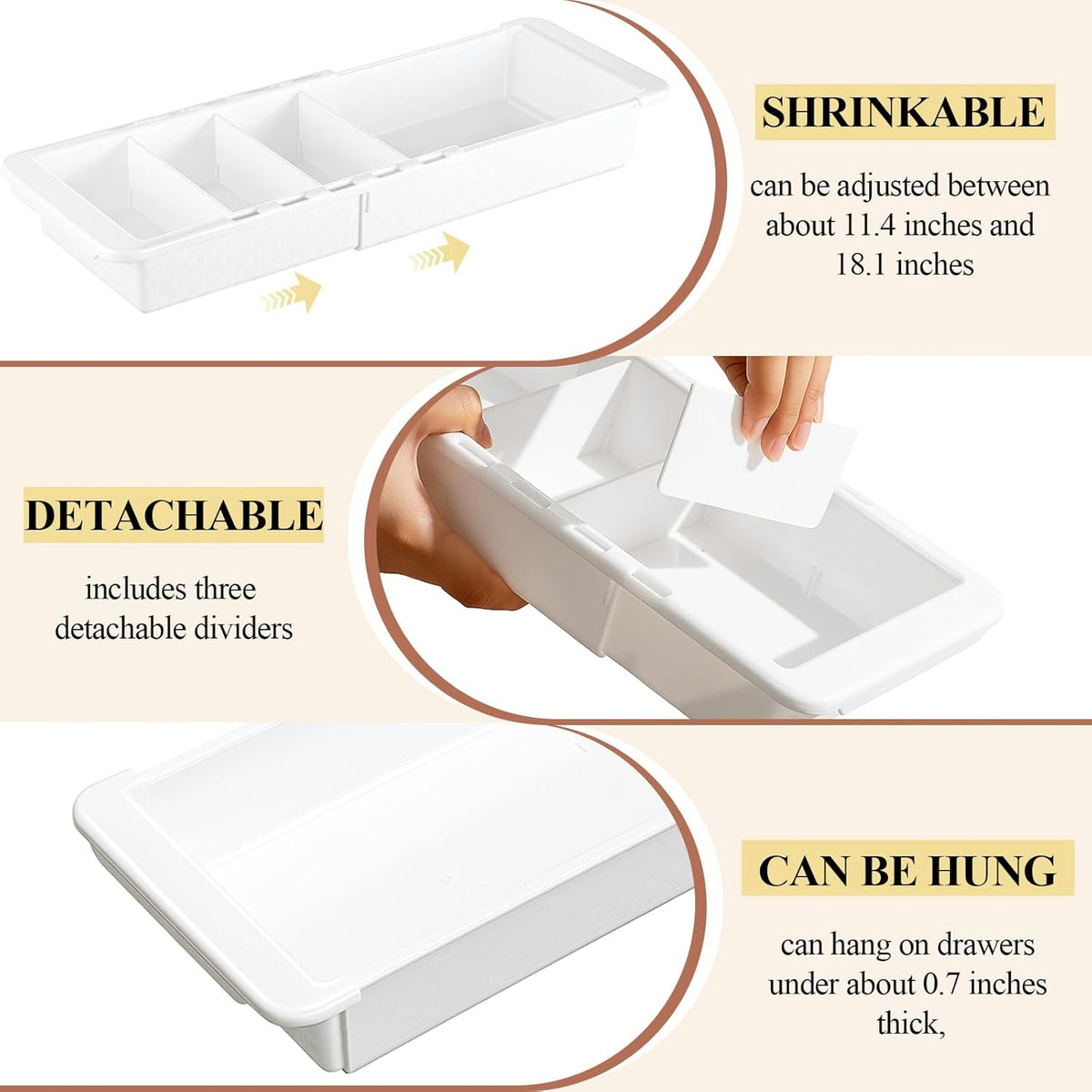 2 Pcs Expandable Drawer Organizer Bins Adjustable Deep Drawer Hanging Organizer Tray Expandable 11.4 to 18.1 Inches Plastic Dividers Storage for Office Bathroom Bedroom Kitchen Desk, White