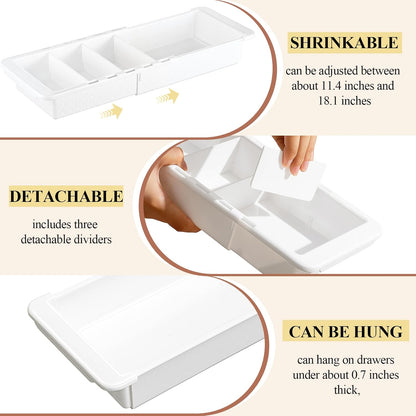 2 Pcs Expandable Drawer Organizer Bins Adjustable Deep Drawer Hanging Organizer Tray Expandable 11.4 to 18.1 Inches Plastic Dividers Storage for Office Bathroom Bedroom Kitchen Desk, White