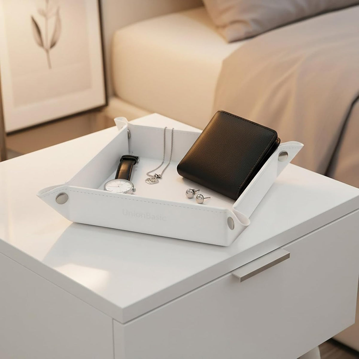 UnionBasic Small Valet Tray, Jewelry Tray for Rings Watches Earrings, Entryway Catchall Caddy for Coins Keys Change, Nightstand Bedside Valet Holder, Trays for Electronic Gadgets, Beige - Colors B