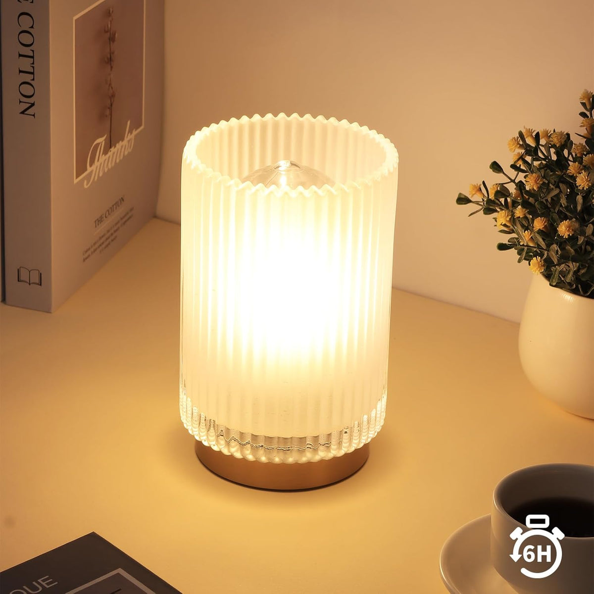 Battery Operated Lamp, Cordless Table Lamp with Timer, Desk Bedside Lamps with LED Warm Light, Glass Small Table Lamp for Bedroom, Bathroom, Living Room, Home Decor - Amber