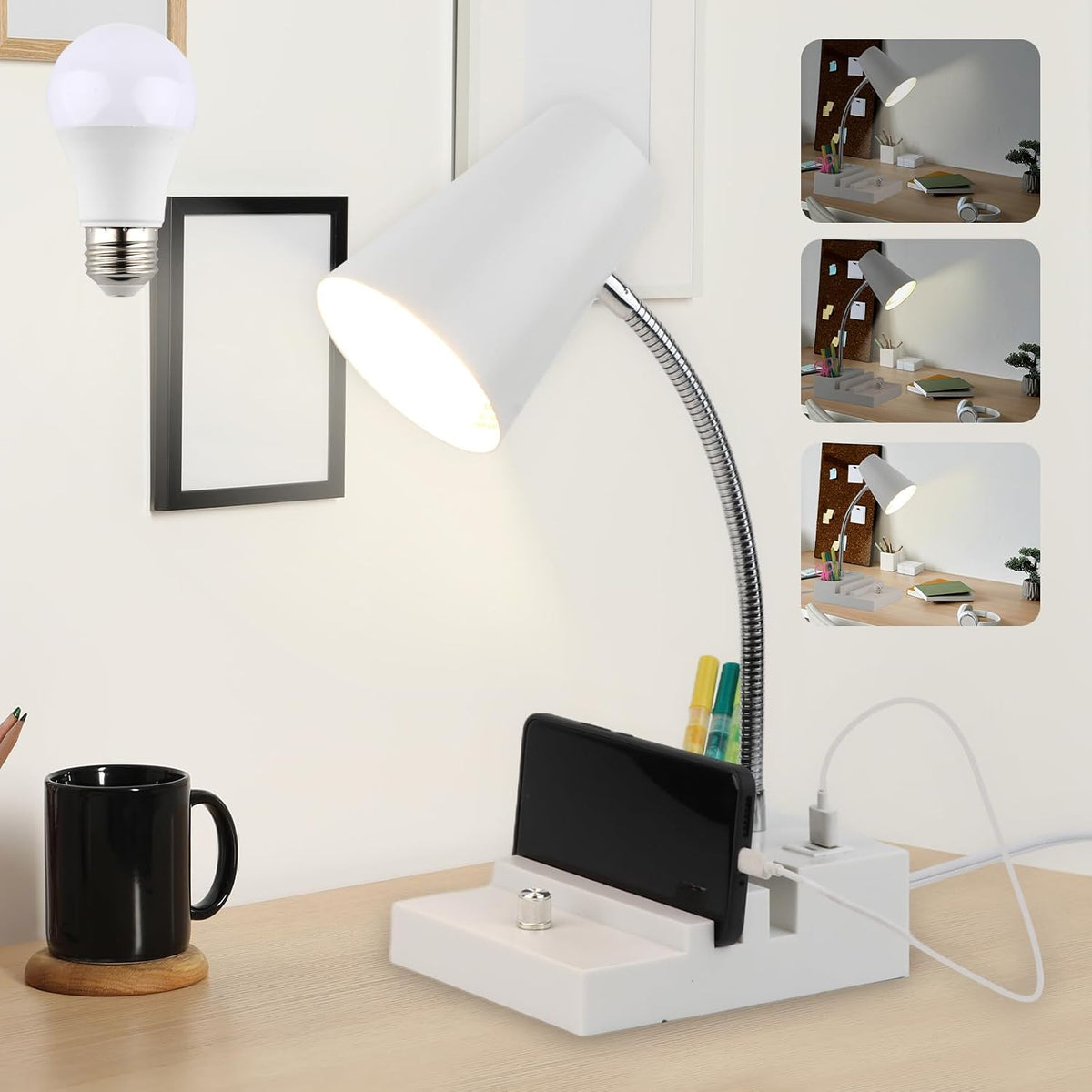 LALISU Study Desk Lamp with USB Charging and Type-C Night Light, Gooseneck LED Table Lamp Stepless Dimming Study Table Lamp with Pen Holder for College Dorm Bedroom and Office (Black)