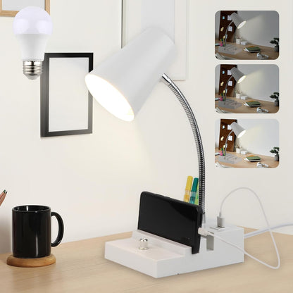 LALISU Study Desk Lamp with USB Charging and Type-C Night Light, Gooseneck LED Table Lamp Stepless Dimming Study Table Lamp with Pen Holder for College Dorm Bedroom and Office (Black)