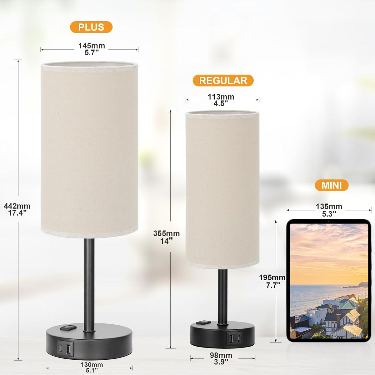 Fenmzee Bedside Table Lamp for Bedroom - Dimmable Touch, USB A+C, AC Outlet