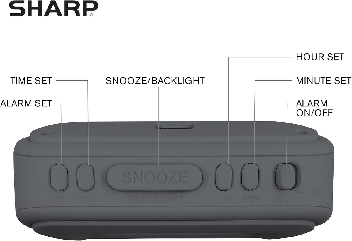 Sharp Digital Alarm Clock – Tactile Plastic Case with Soft Rubberized Finish - Battery Operated – Blue Backlight on Demand – Ascending Alarm – Easy to Use – Charcoal Black