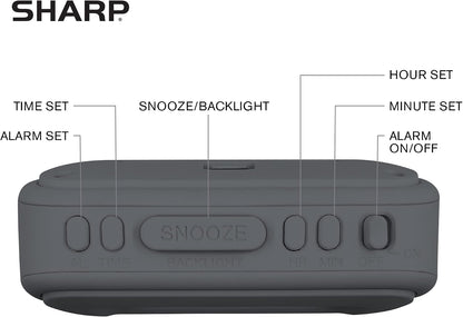 Sharp Digital Alarm Clock – Tactile Plastic Case with Soft Rubberized Finish - Battery Operated – Blue Backlight on Demand – Ascending Alarm – Easy to Use – Charcoal Black
