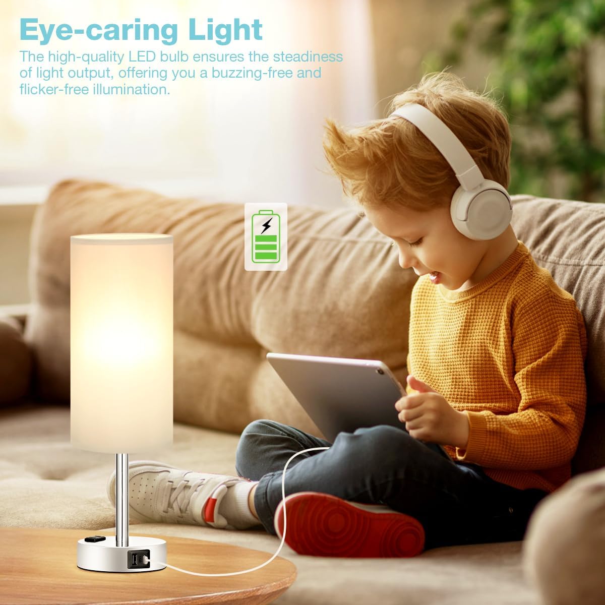 Fenmzee Bedside Table Lamp for Bedroom - Dimmable Touch, USB A+C, AC Outlet