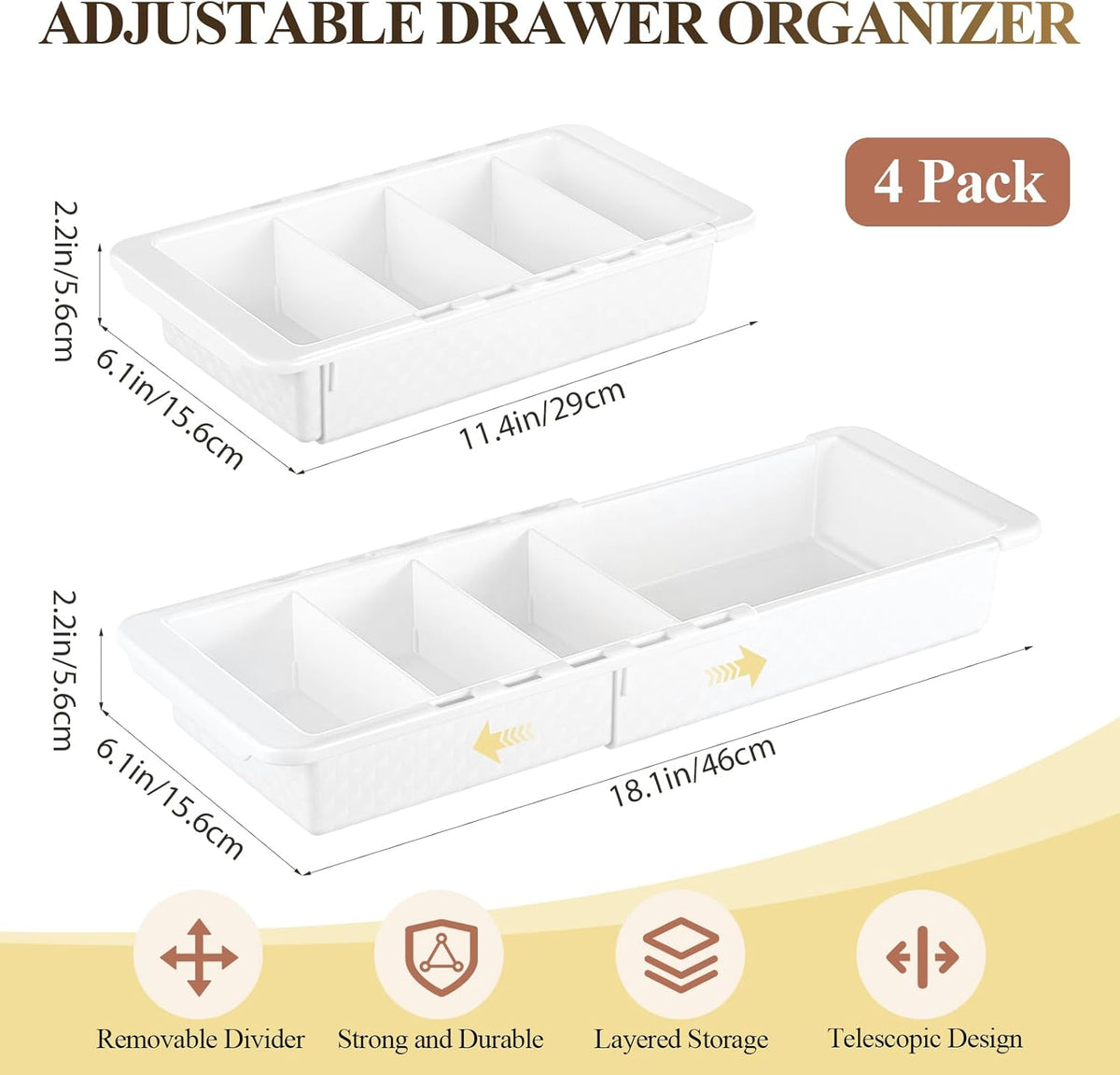 2 Pcs Expandable Drawer Organizer Bins Adjustable Deep Drawer Hanging Organizer Tray Expandable 11.4 to 18.1 Inches Plastic Dividers Storage for Office Bathroom Bedroom Kitchen Desk, White