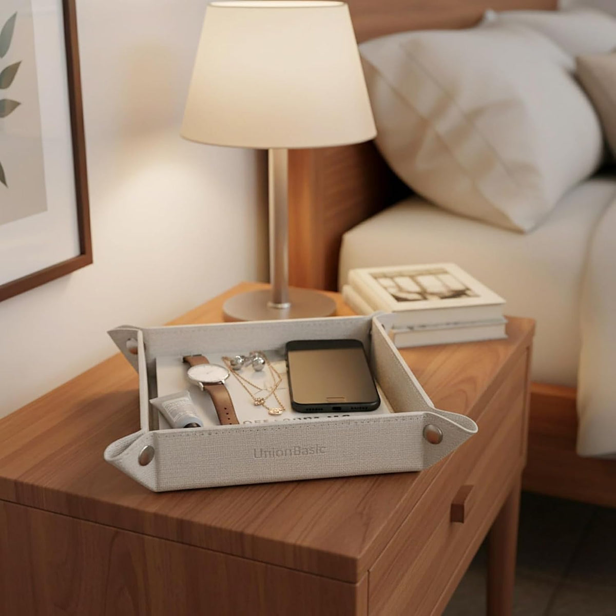 UnionBasic Small Valet Tray, Jewelry Tray for Rings Watches Earrings, Entryway Catchall Caddy for Coins Keys Change, Nightstand Bedside Valet Holder, Trays for Electronic Gadgets, Beige - Colors B