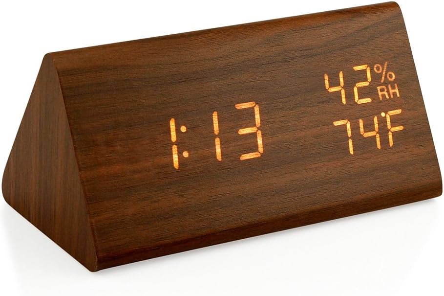 OCT17 Wooden Alarm Clock, Smart LED Digital Clock for Bedroom/desks, Upgraded with Time Temperature, Adjustable Brightness and Voice Control, Humidity Displaying - Black