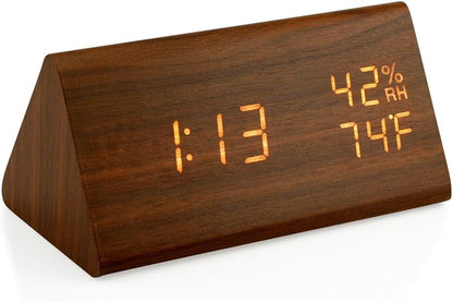 OCT17 Wooden Alarm Clock, Smart LED Digital Clock for Bedroom/desks, Upgraded with Time Temperature, Adjustable Brightness and Voice Control, Humidity Displaying - Black