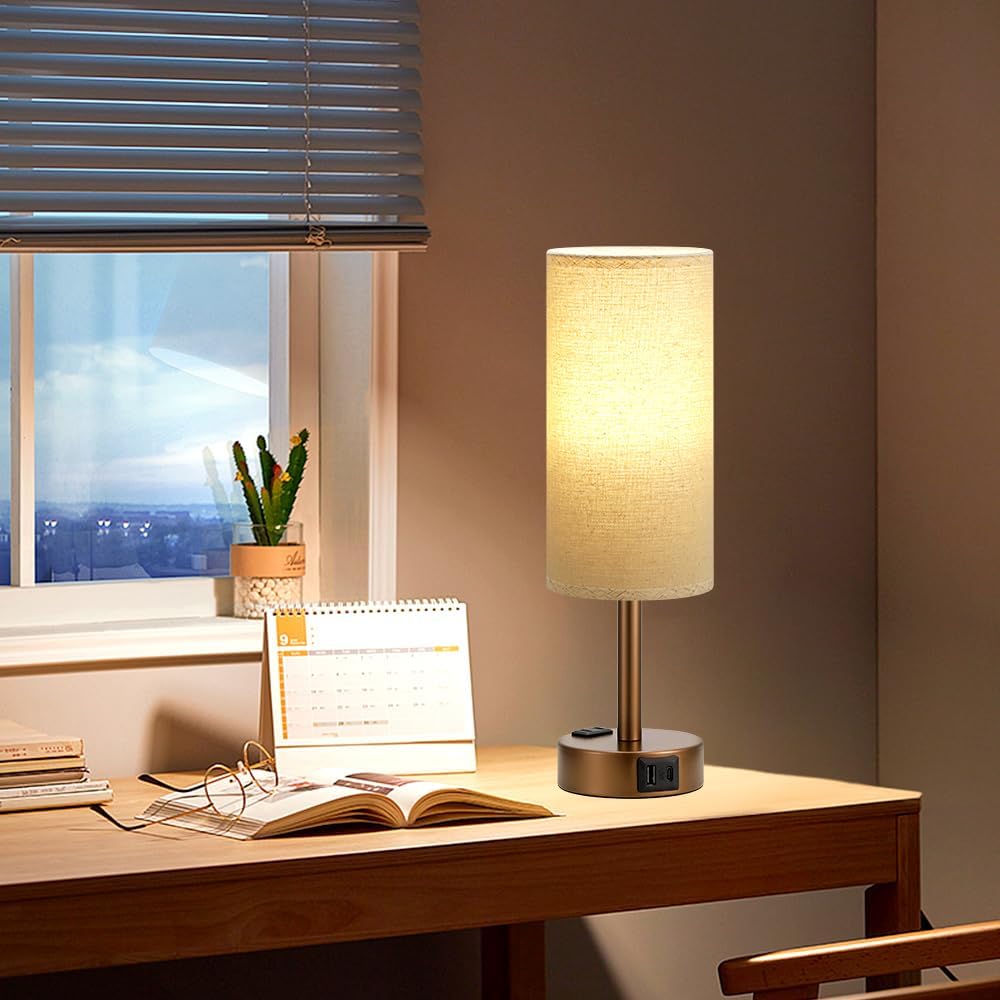 Fenmzee Bedside Table Lamp for Bedroom - Dimmable Touch, USB A+C, AC Outlet