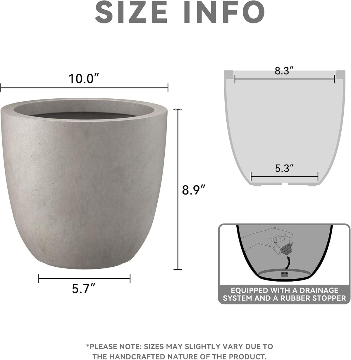 Kante 8.9" H x 10" W Small Concrete Planter, Compact Desktop Plant Pot with Drainage Hole & Rubber Plug – Lightweight Breathable Cement Container for Succulents, Cactus, Herbs, Indoor Outdoor, Gift