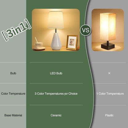 Small Bedside Table Lamp for Bedroom - Reading Desk Lamp with 3 Color Temperatures，15.5" Nightstand Ceramic Lamp with Fabric Shade for Kids Room,Living Room,Dorm,Home Office (Green)