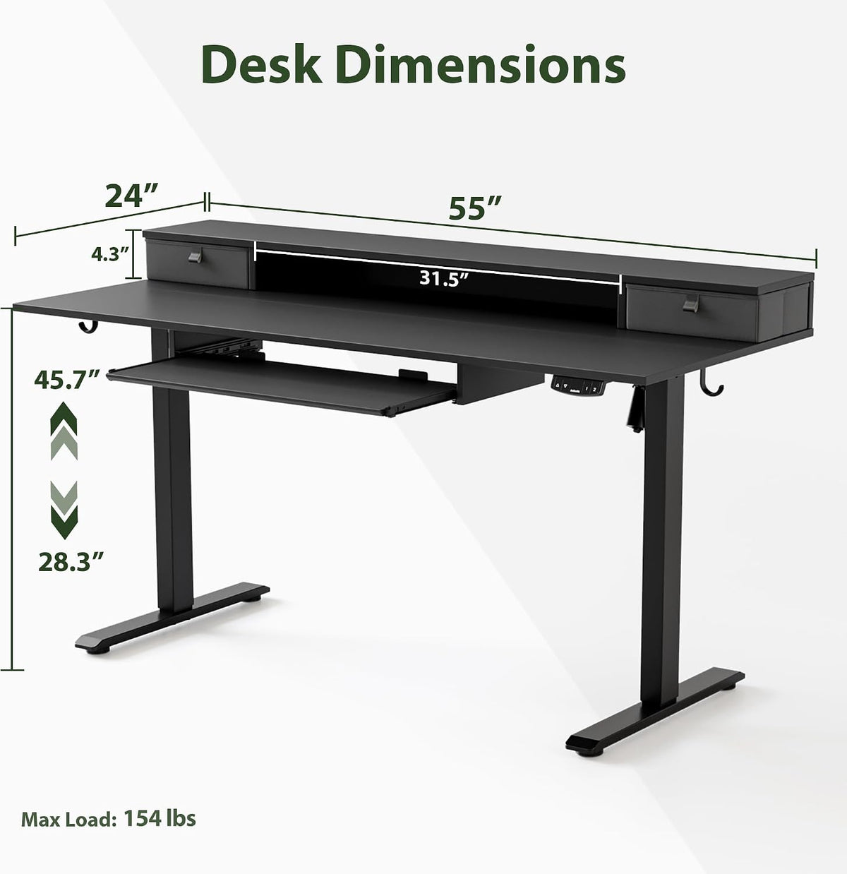 48 * 24 Inch Electric Standing Desk with Shelf & Led, Dark Walnut