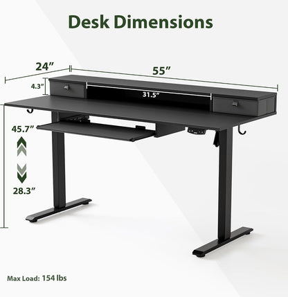 48 * 24 Inch Electric Standing Desk with Shelf & Led, Dark Walnut