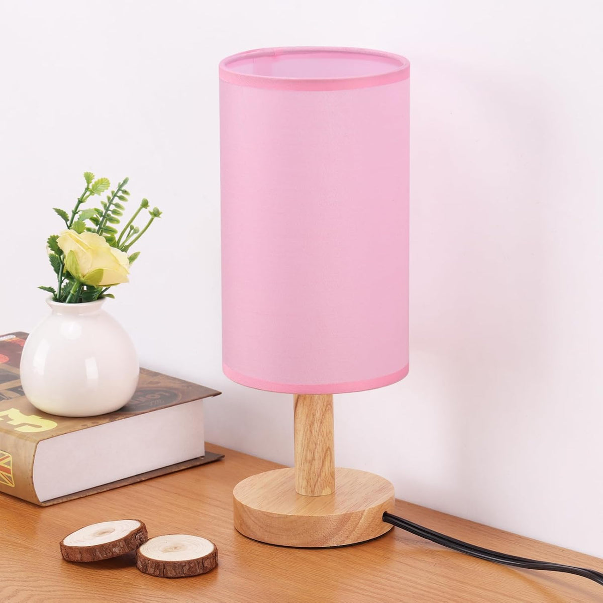 Small Bedside Table Lamp for Bedroom,Natural Round Wood Base&Fabric Linen Shade,Cozy Night Table Light for Study Reading,Minimalist Boho Desk Lamp for Nightstand,Living Room,Nursery,Kitchen,Dorm
