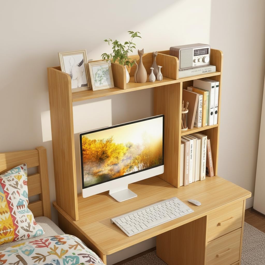 Desktop Bookshelf, Countertop Storage Hutch with 5 Shelves for Computer Desk, Desk 3-Tier Display Rack, Multipurpose Wood Desktop Hutch Storage Organizer for Dorm Office Home