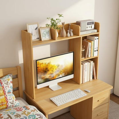 Desktop Bookshelf, Countertop Storage Hutch with 5 Shelves for Computer Desk, Desk 3-Tier Display Rack, Multipurpose Wood Desktop Hutch Storage Organizer for Dorm Office Home
