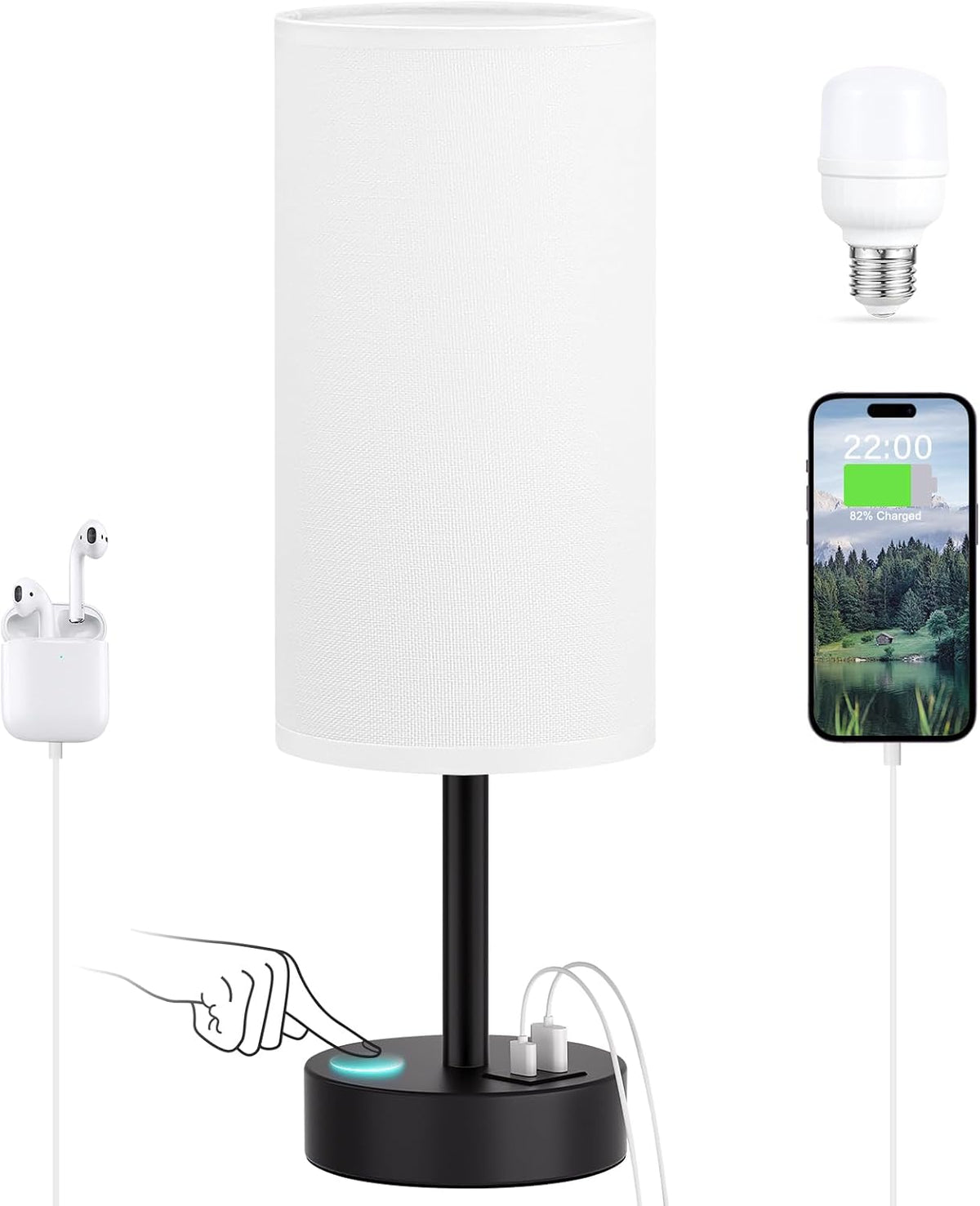 Dicoool Bedside Table Lamp for Bedroom - 3-Way Dimmable Touch Lamp, USB A+C