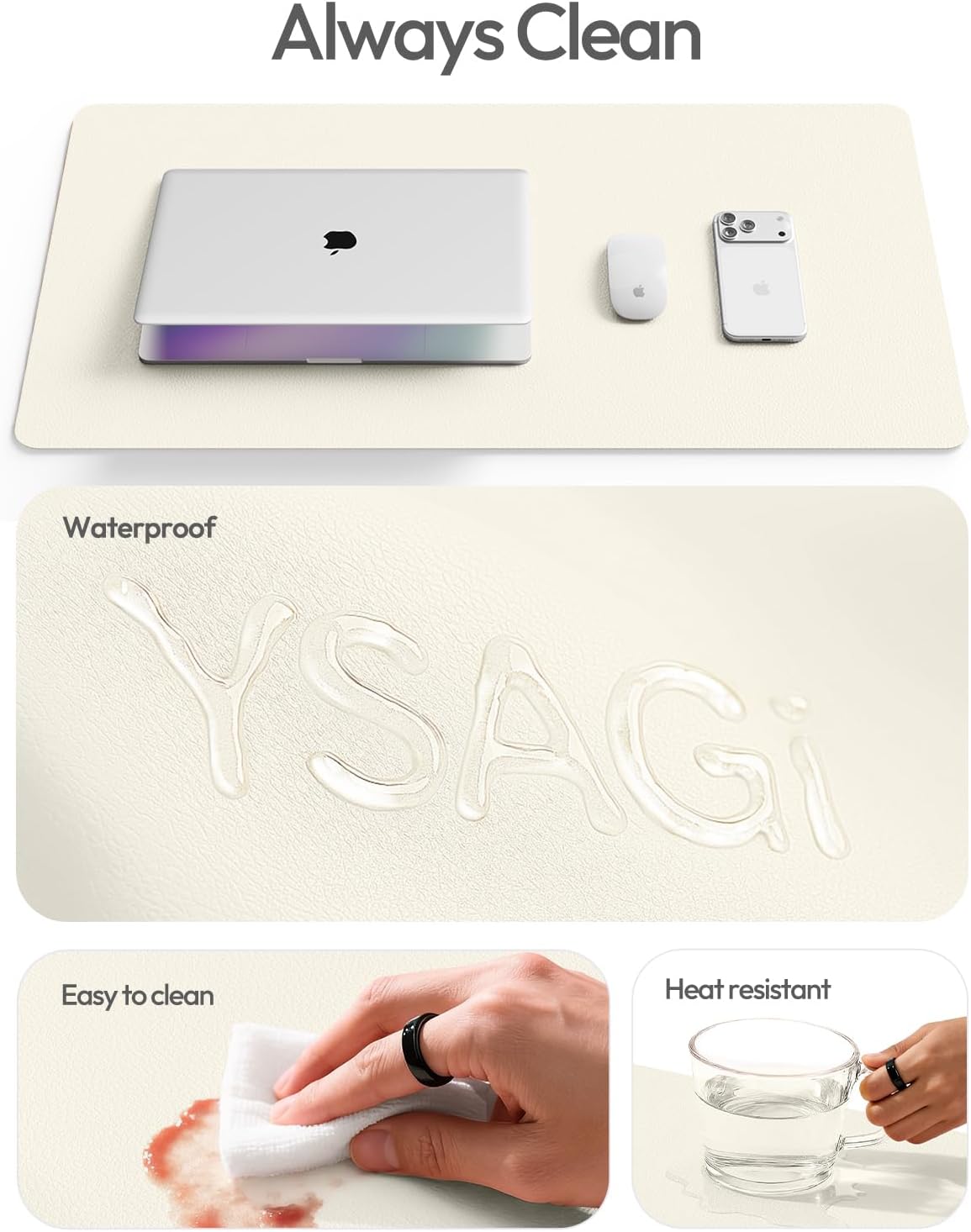 YSAGi Leather Desk Pad Protector, Office Desk Mat, Large Mouse Pad, Non-Slip PU Leather Desk Blotter, Waterproof Laptop Desk Writing Pad for Office and Home (23.6" x 13.8", Eggshell) - Colors A