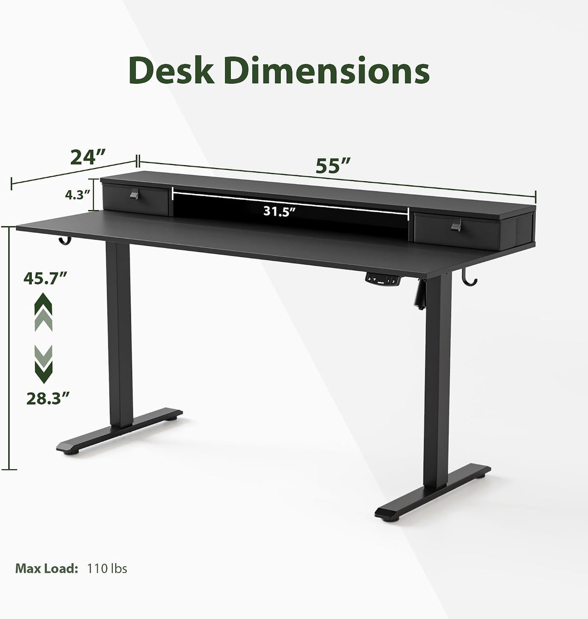 48 * 24 Inch Electric Standing Desk with Shelf & Led, Dark Walnut