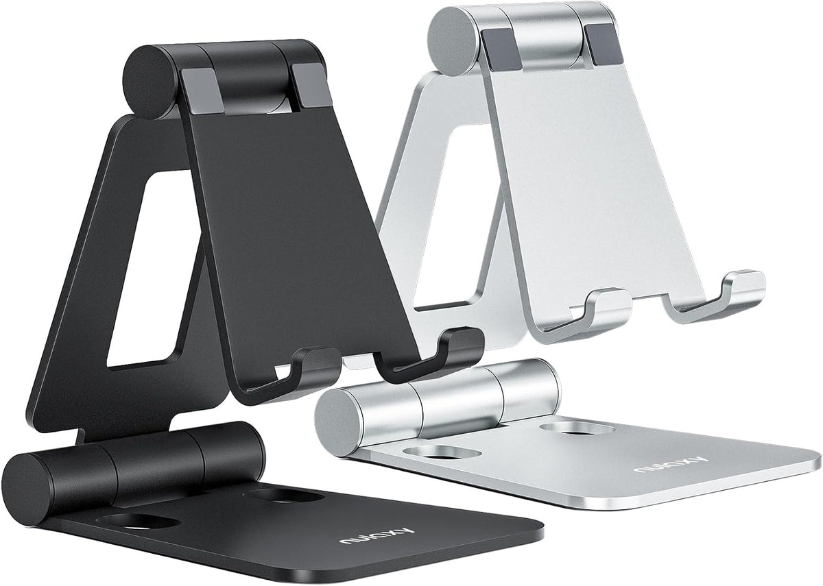 2 Pack Aluminum Dual Folding Cell Phone Stand for Desk, Black&Silver