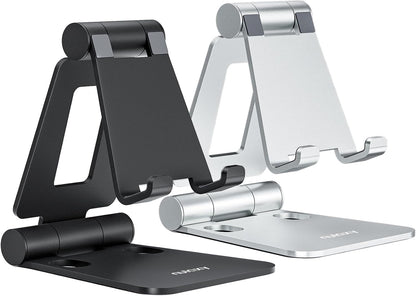 2 Pack Aluminum Dual Folding Cell Phone Stand for Desk, Black&Silver