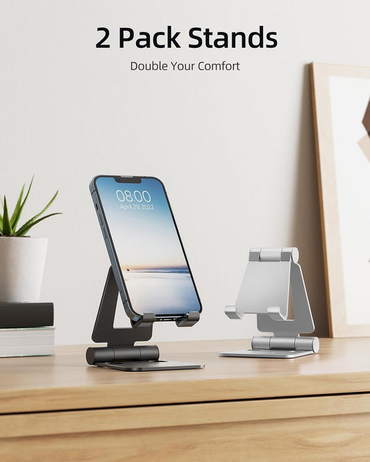 2 Pack Aluminum Dual Folding Cell Phone Stand for Desk, Black&Silver