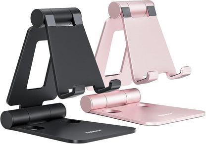 2 Pack Aluminum Dual Folding Cell Phone Stand for Desk, Black&Silver