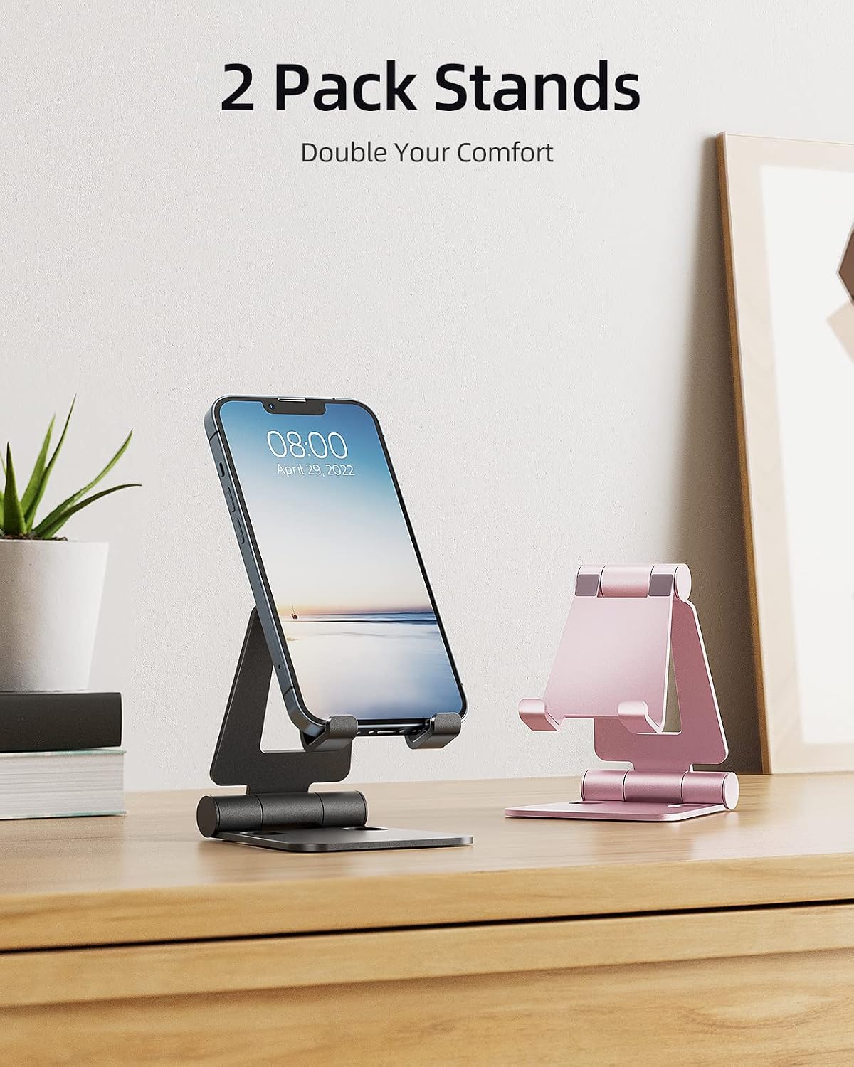 2 Pack Aluminum Dual Folding Cell Phone Stand for Desk, Black&Silver