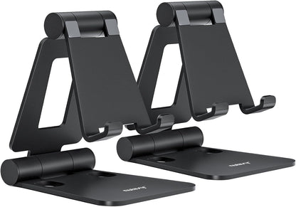 2 Pack Aluminum Dual Folding Cell Phone Stand for Desk, Black&Silver