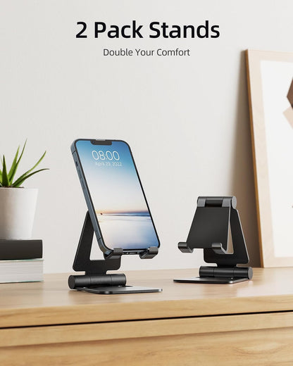 2 Pack Aluminum Dual Folding Cell Phone Stand for Desk, Black&Silver