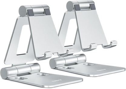 2 Pack Aluminum Dual Folding Cell Phone Stand for Desk, Black&Silver