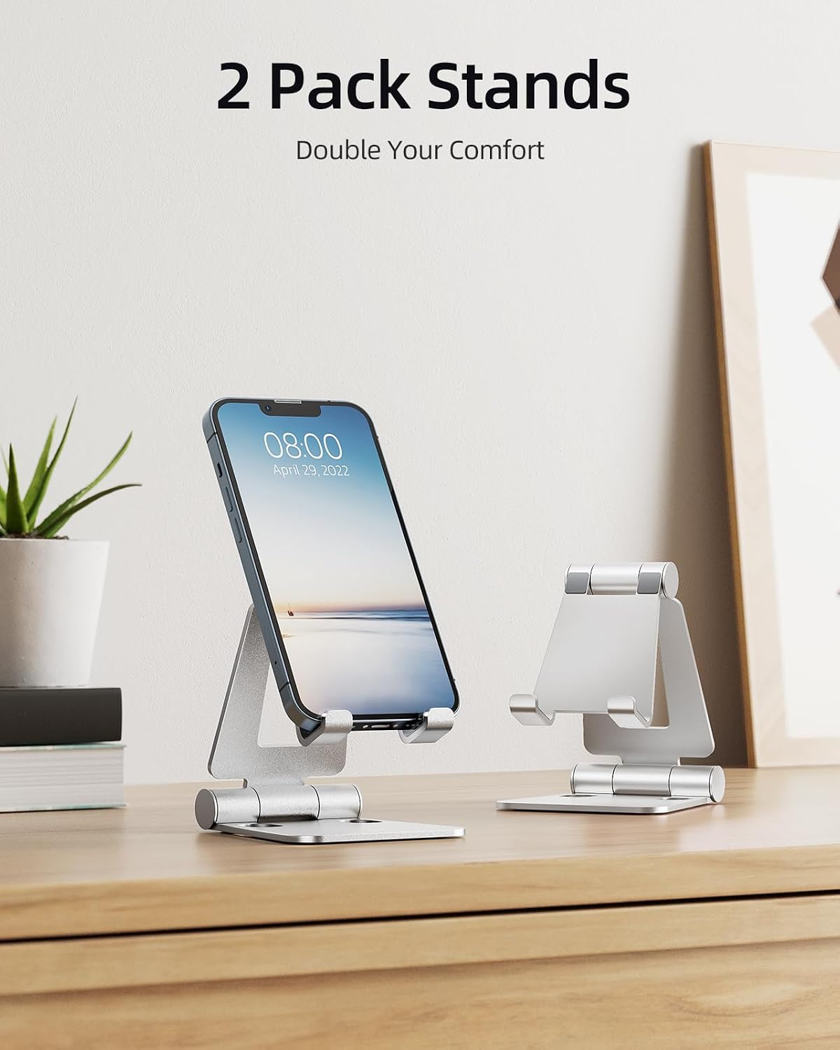 2 Pack Aluminum Dual Folding Cell Phone Stand for Desk, Black&Silver