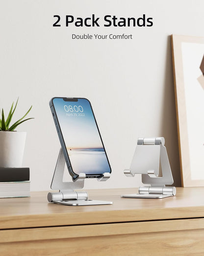 2 Pack Aluminum Dual Folding Cell Phone Stand for Desk, Black&Silver