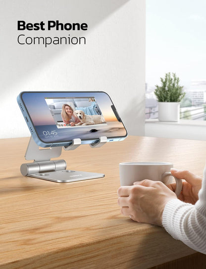 2 Pack Aluminum Dual Folding Cell Phone Stand for Desk, Black&Silver